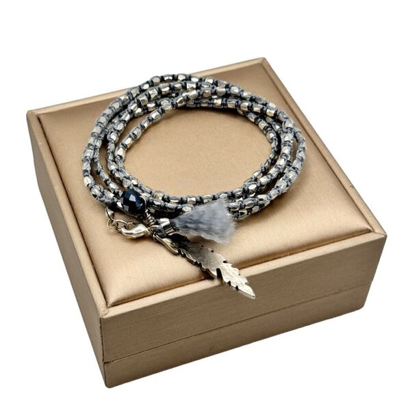 NWT Silver Beaded Braided Multi Wrap Feather Charm Bracelet - Picture 5 of 10